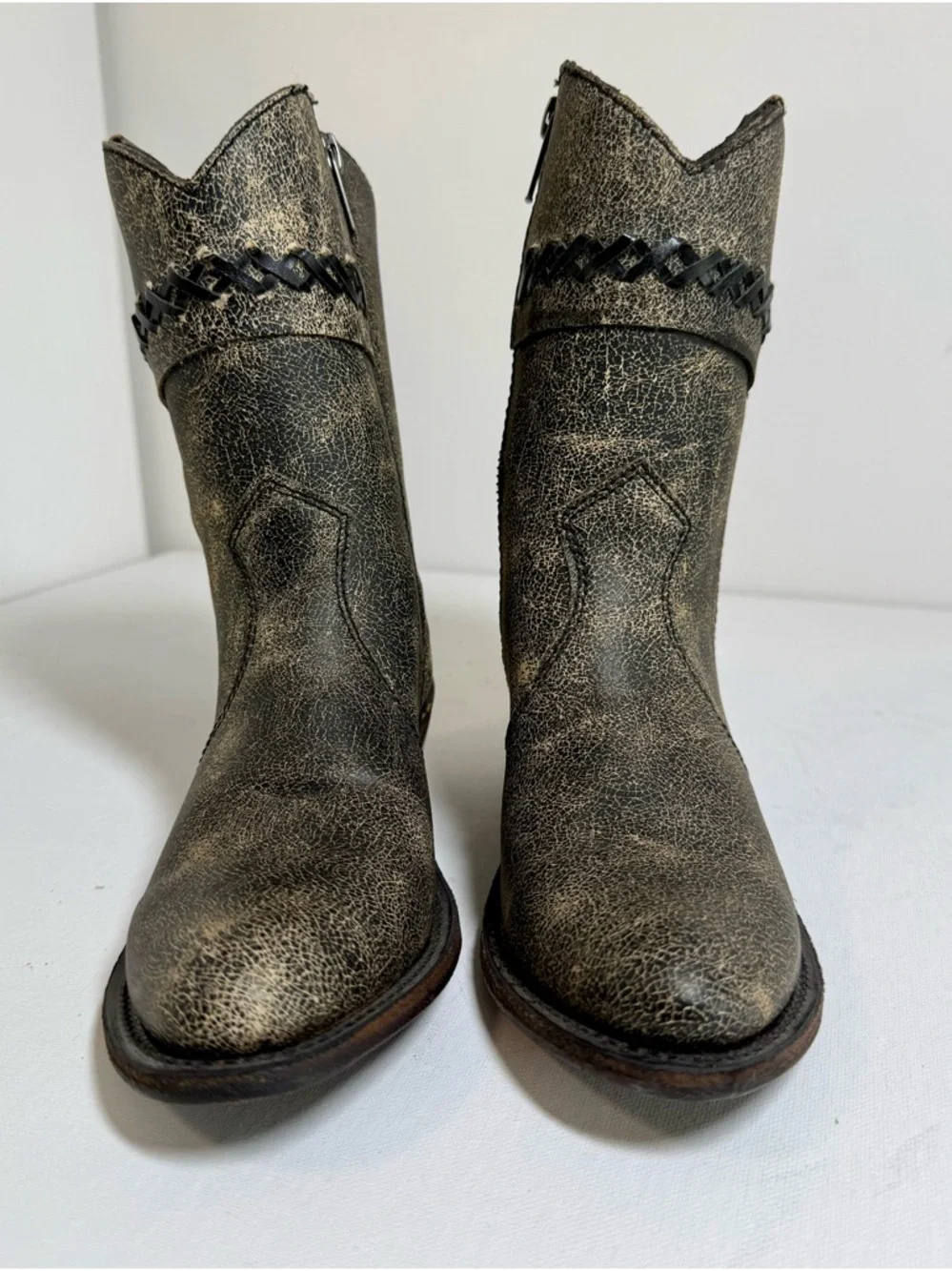 Old West Girl's Distressed Leather Charcoal Cross Stitch Cowgirl Boots Size 2.5